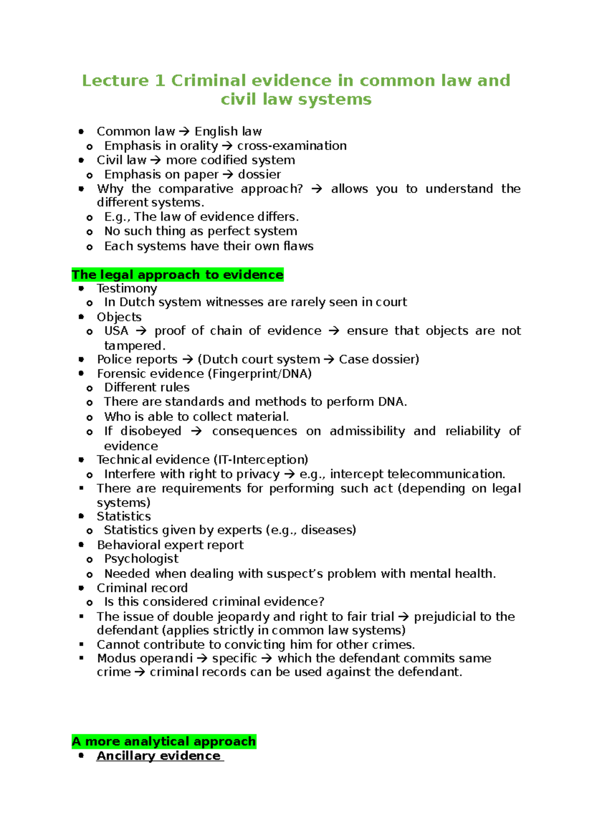 Criminal Evidence Overview - Lecture Notes for Law Course (LAW101 ...
