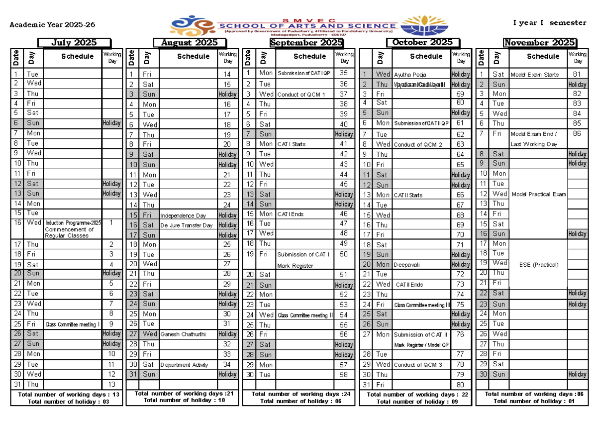 SAS Calendar 2025-26: Odd Semester Schedule for I Year - Studocu