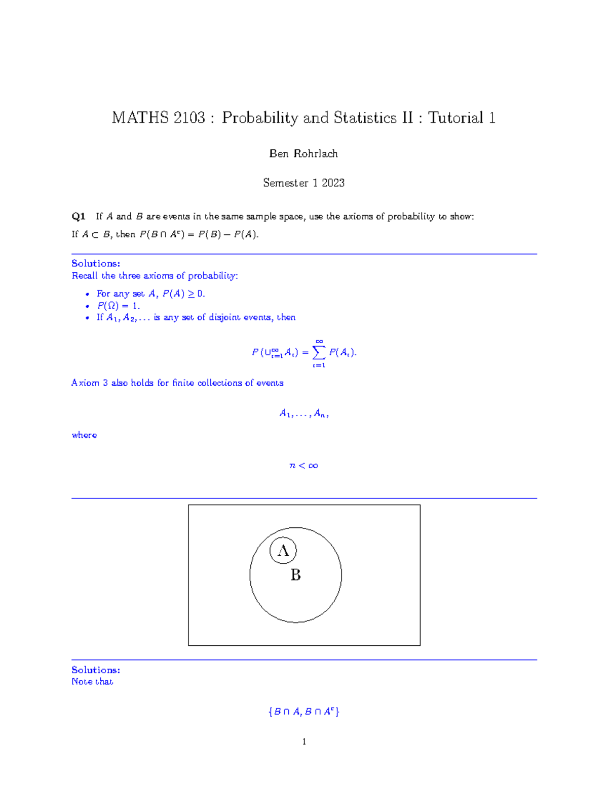 MATHS 2103: Probability & Stats II - Tutorial 1 Solutions - Studocu