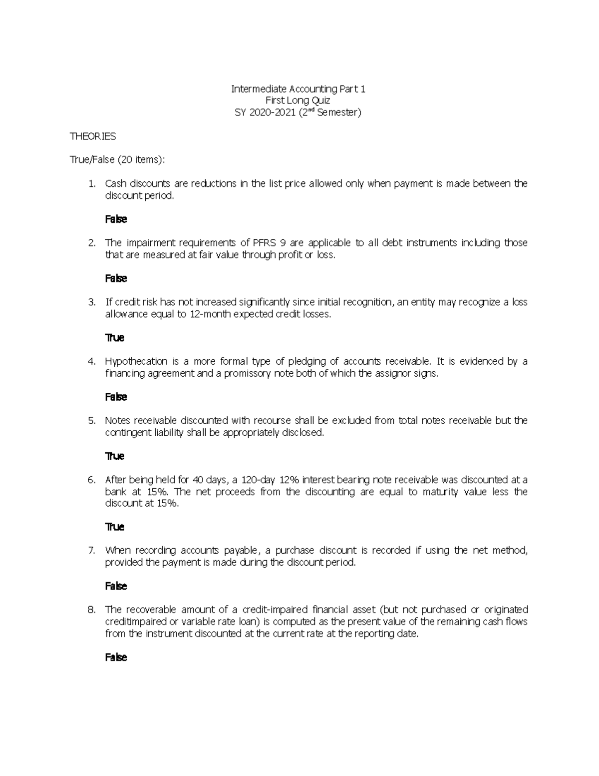 Final Quiz Review for Intermediate Accounting (ACCT 3) - SY 2020-2021 ...