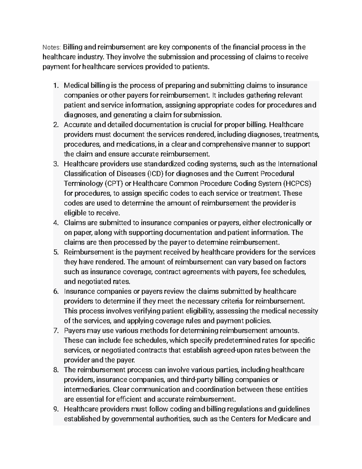 Healthcare Billing & Reimbursement Processes: Key Notes - Studocu