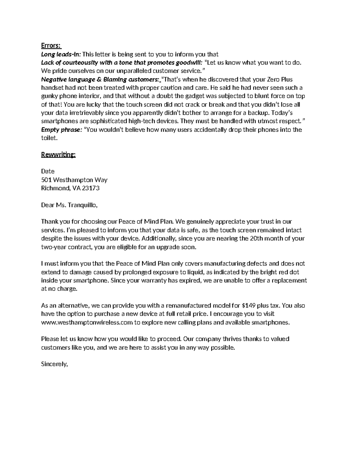 Bài 9 - Customer Service Letter Review and Rewrite - Studocu