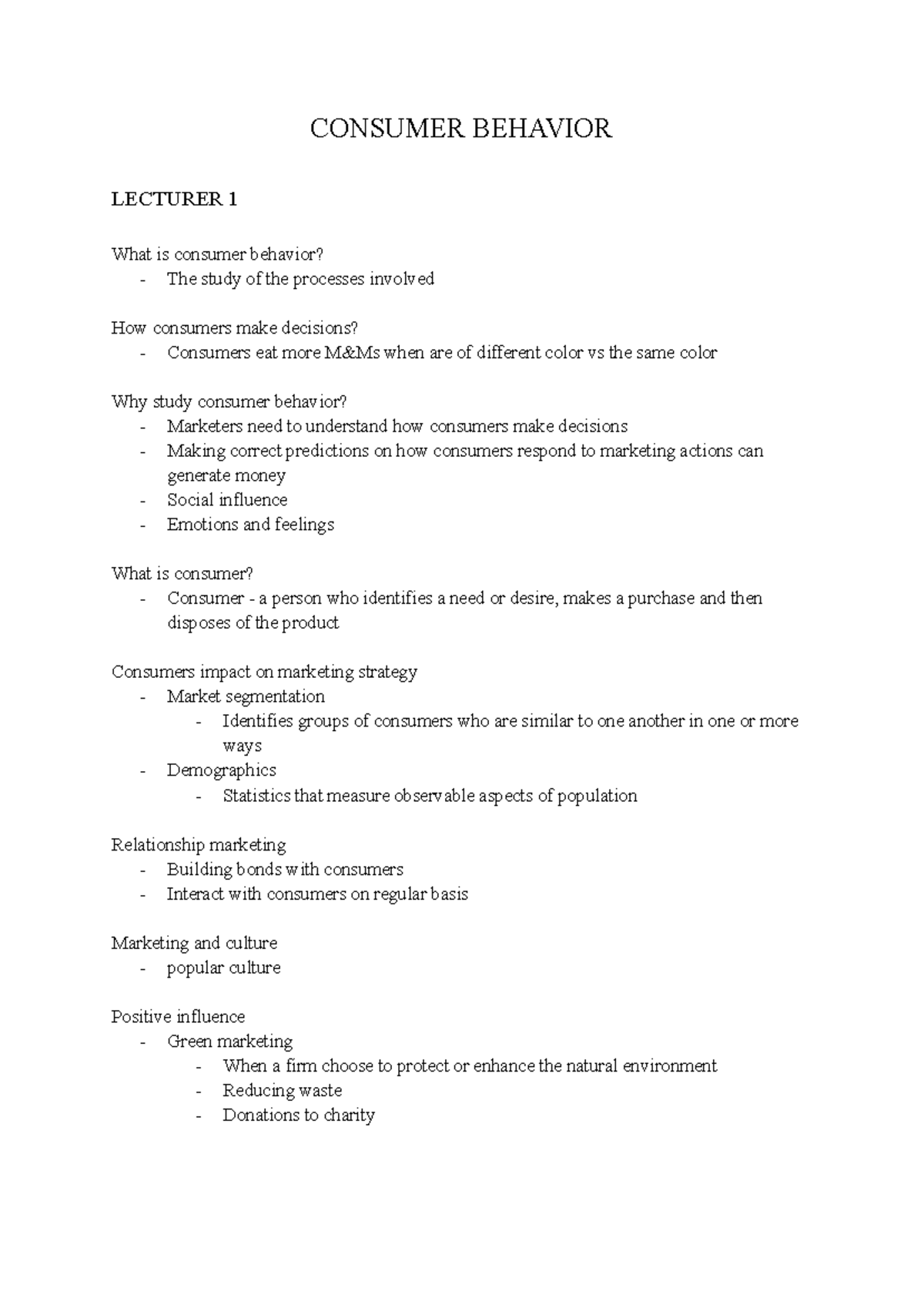 Consumer Behavior Lecture Notes - Insights on Decision Making ...