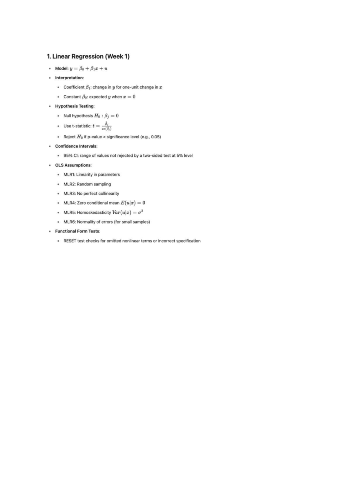 Linear Regression (Week 1) Notes: Coefficients, Hypothesis Testing ...
