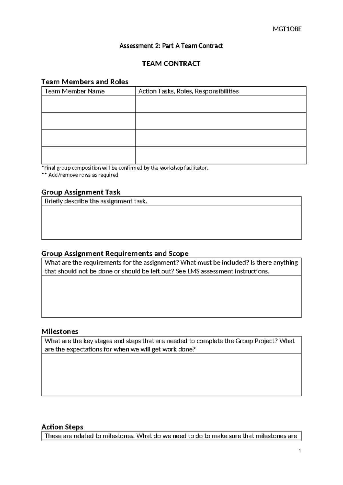 Team Contract Assessment 2 Part A - MGT1OBE Assessment 2: Part A Team ...