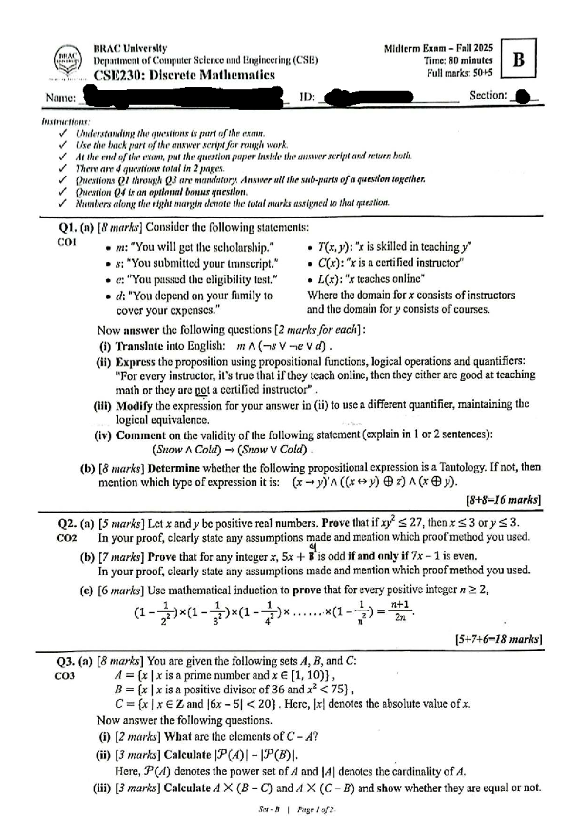 CSE230 Midterm Exam Fall 2025: Discrete Mathematics Questions - Studocu