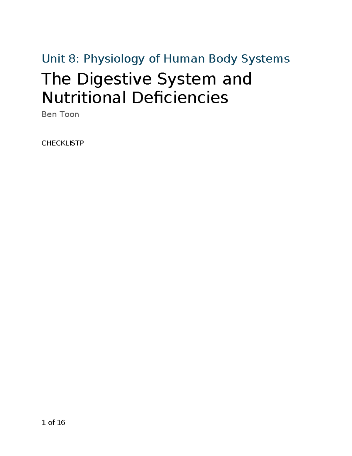 Unit 8: Digestive System - Physiology and Nutritional Deficiencies ...