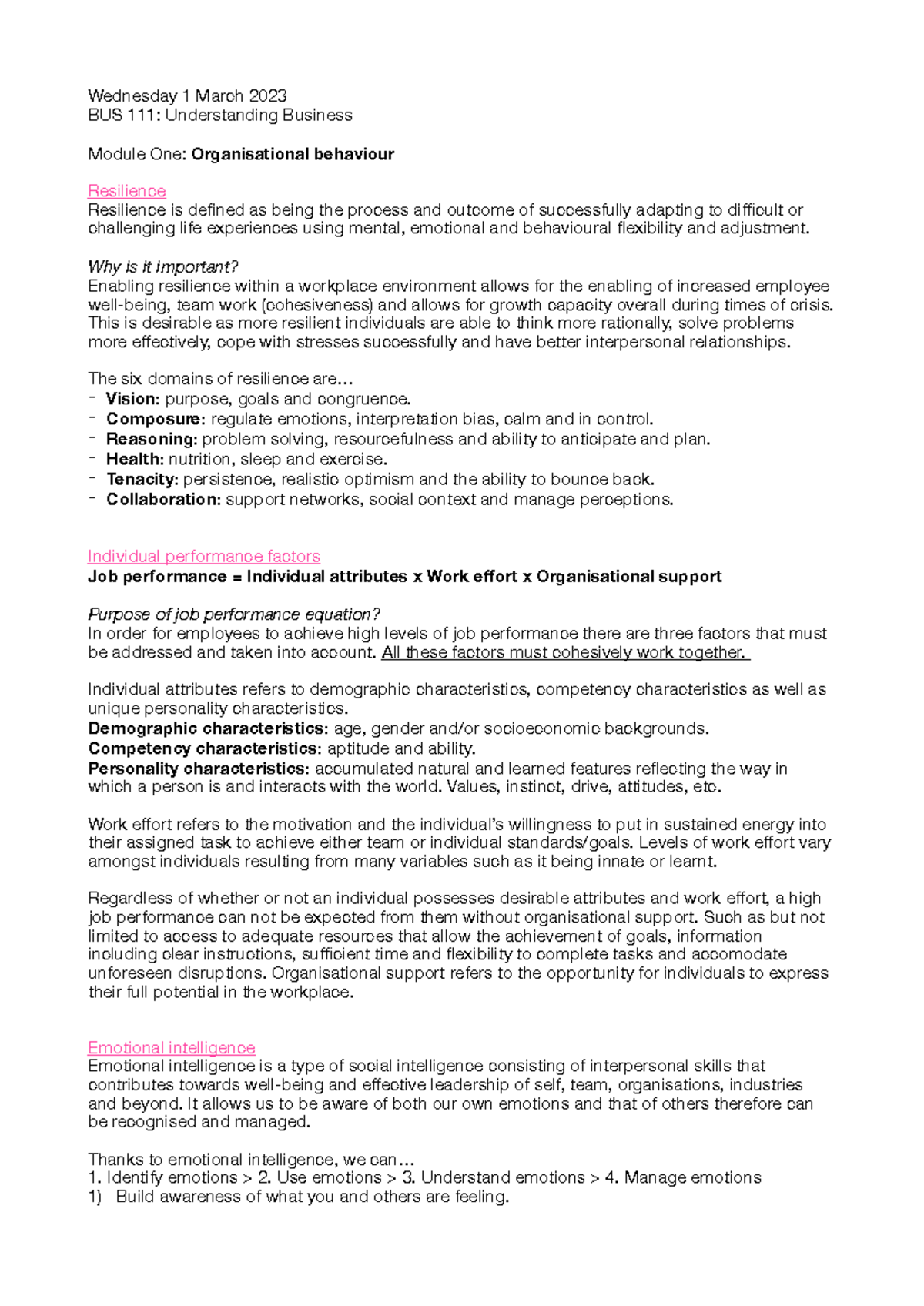 BUS 111: Module One - Organisational Behaviour and Resilience Insights ...