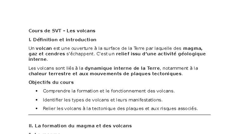 Cours de SVT - Volcans - Cours de SVT – Les volcans I. Définition et ...