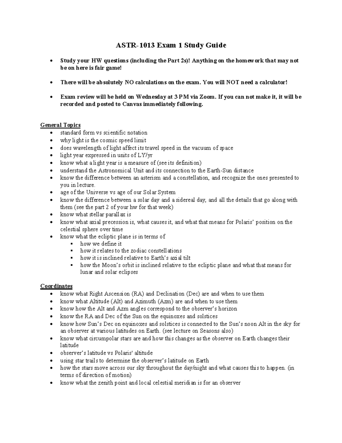 Exam 1 Study Guide: Key Concepts for Fall 2025 Astronomy - Studocu