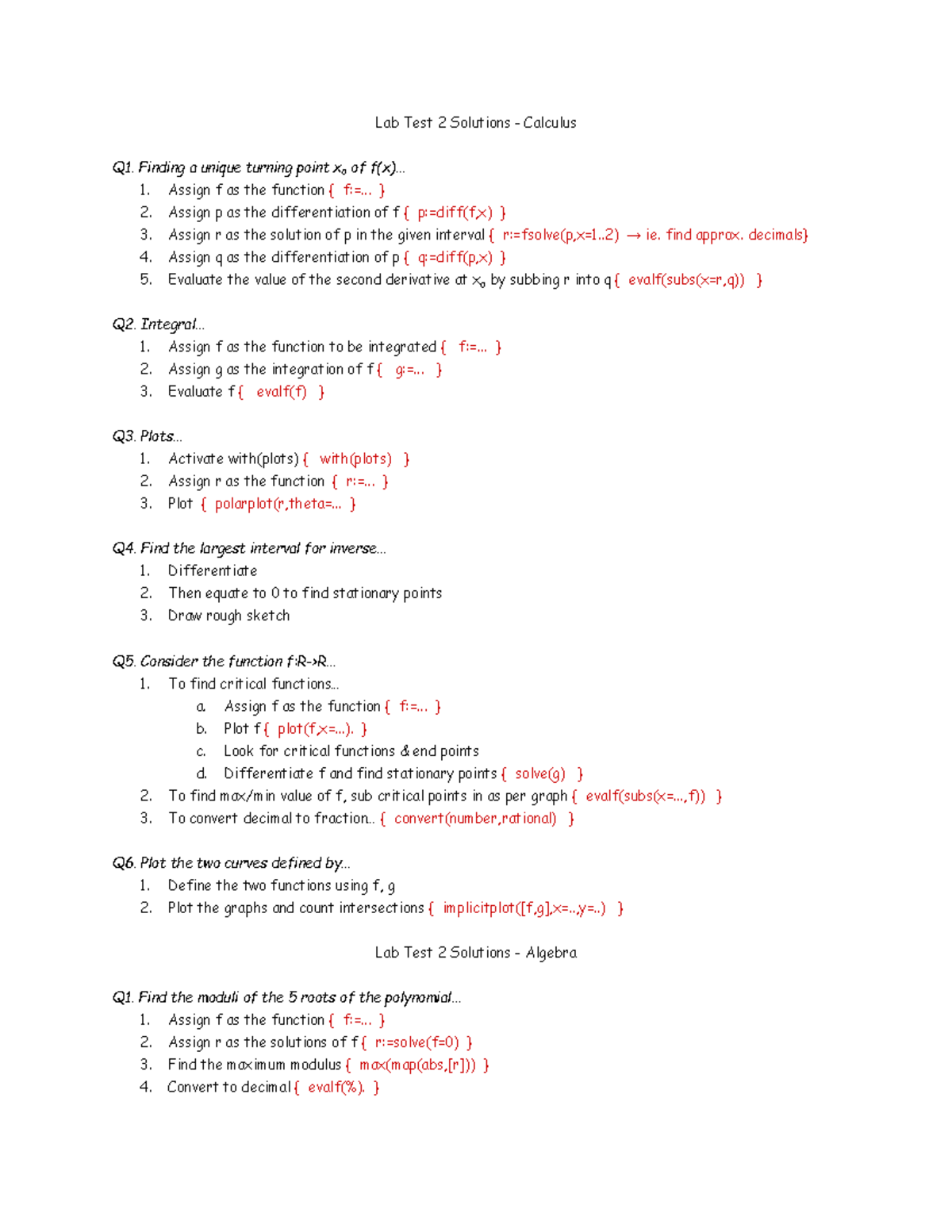 Lab Test 2 Solutions - Calculus and Algebra Overview - Studocu