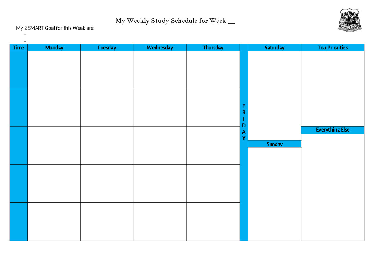 My Weekly Study Schedule - Stage 6 - My Weekly Study Schedule for Week ...