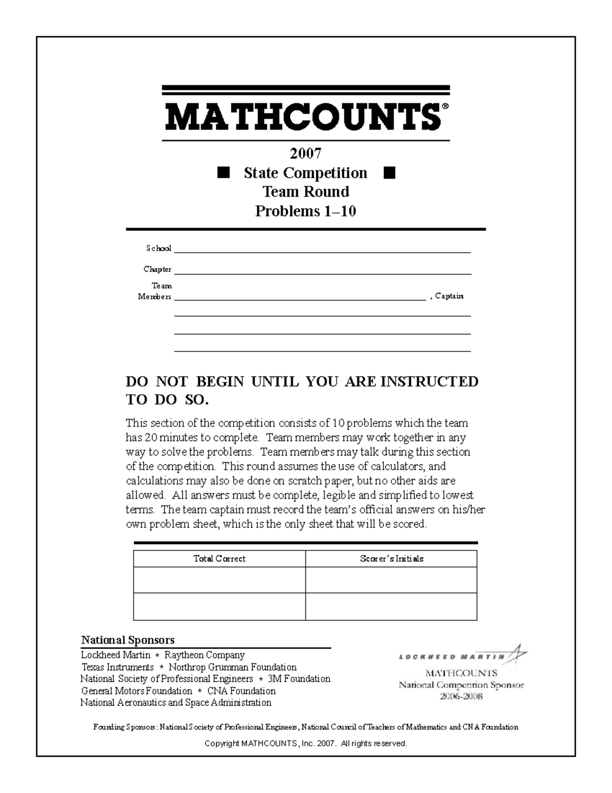 MATHCOUNTS 2007 State Competition Team Round Problems - Studocu
