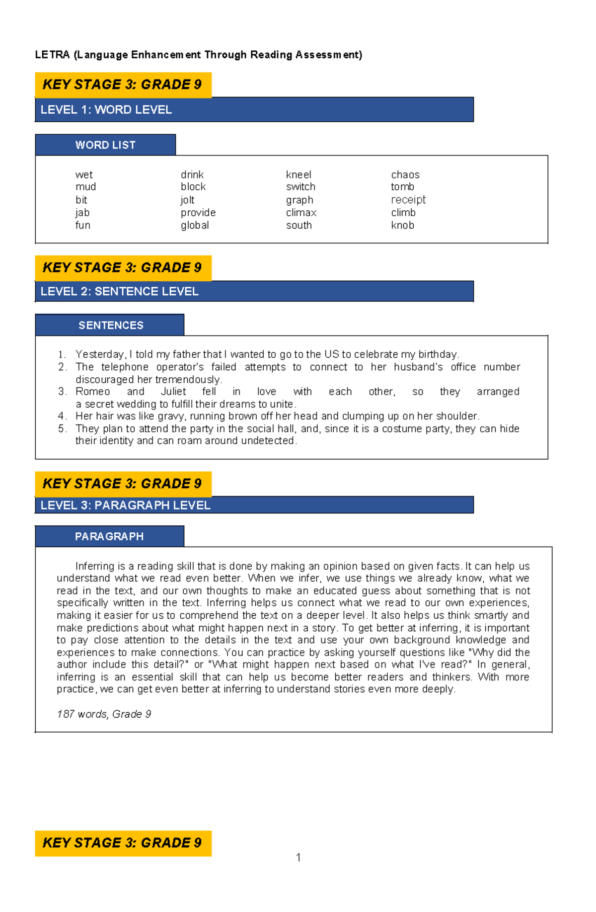 LETRA (Language Enhancement Through Reading Assessment) Grade 9 ...