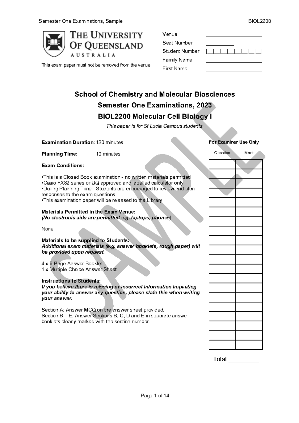 Semester 1 Examinations 2023: Sample BIOL2200 Molecular Cell Biology I ...