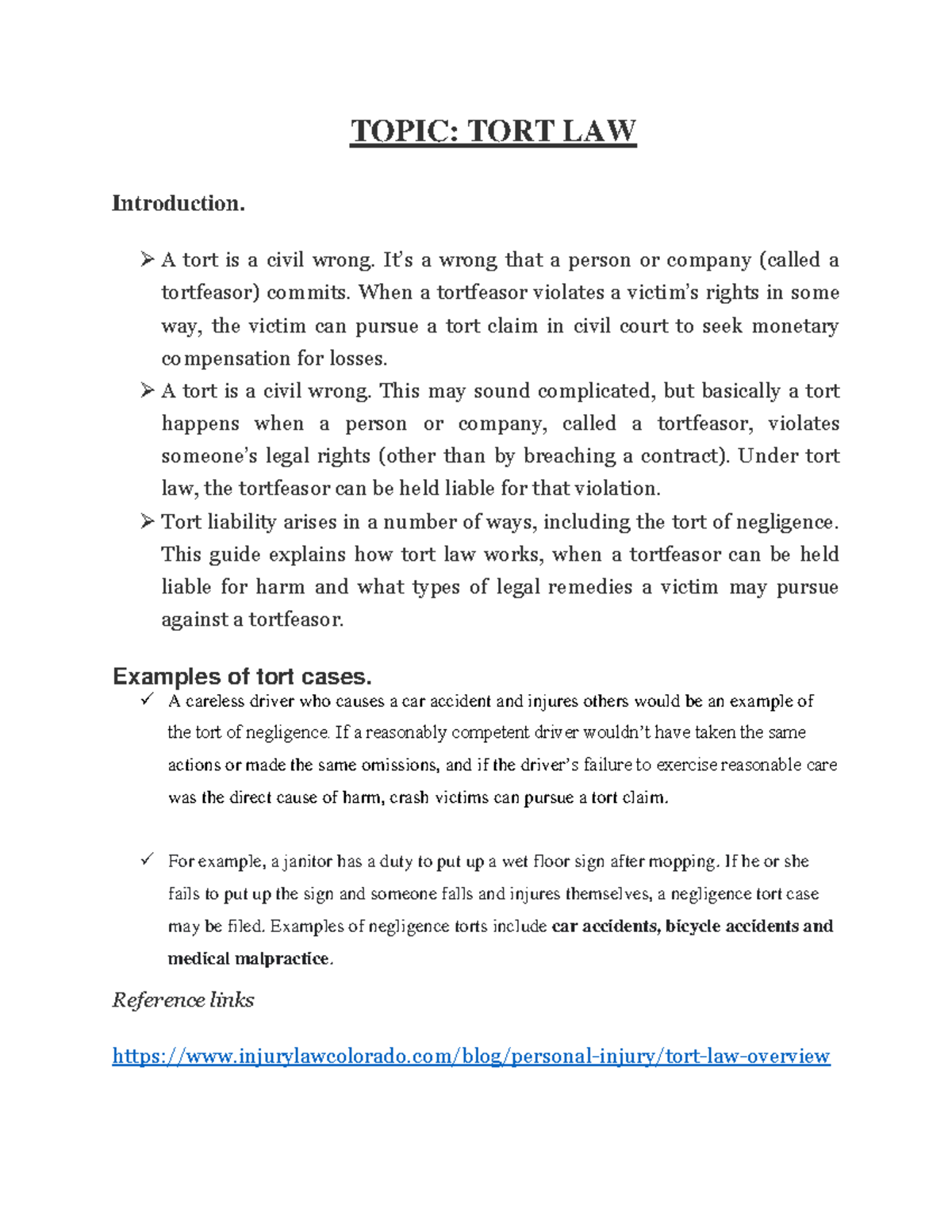 TORT LAW Lecture Notes: Understanding Civil Wrongs and Liability - Studocu
