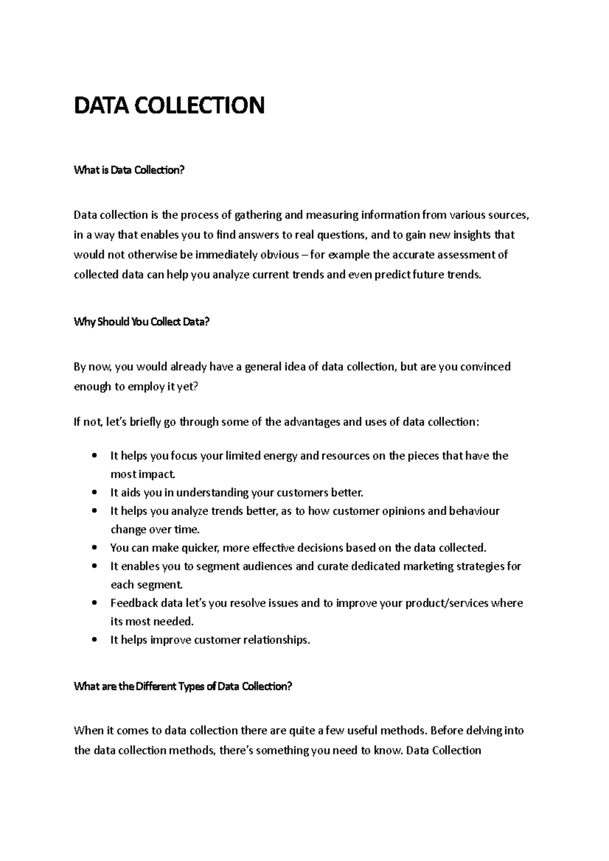 DATA Collection Notes - DATA COLLECTION What is Data Collection? Data ...