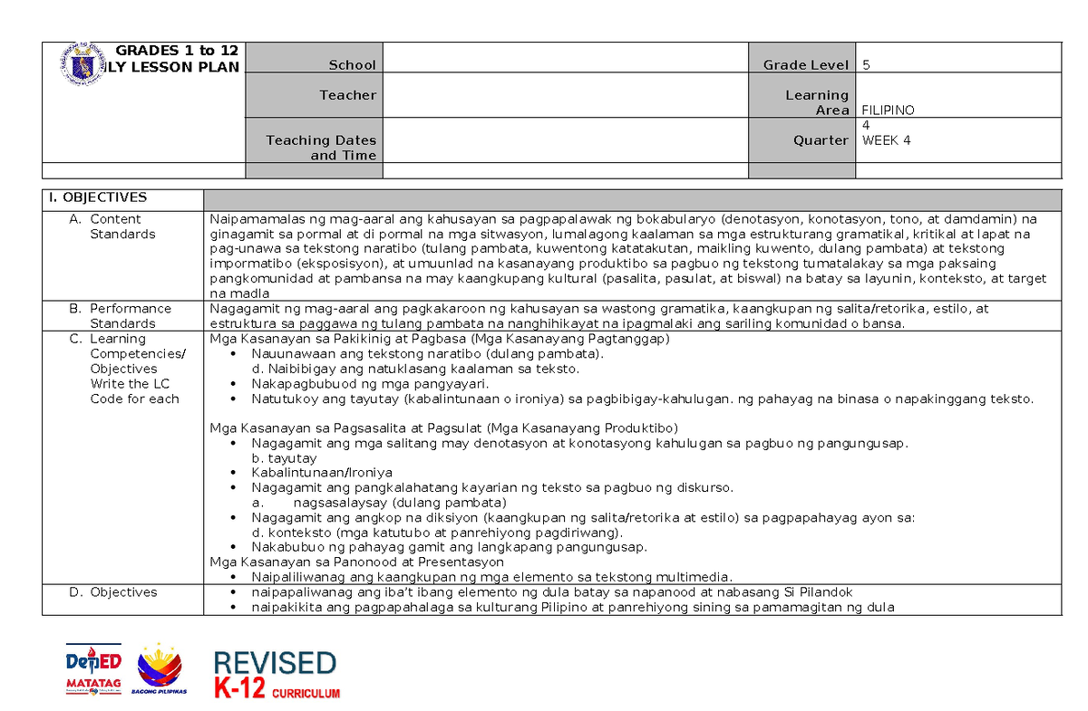 CO Filipino 5 Revised Daily Lesson Plan for Quarter 4, Week 4 - Studocu