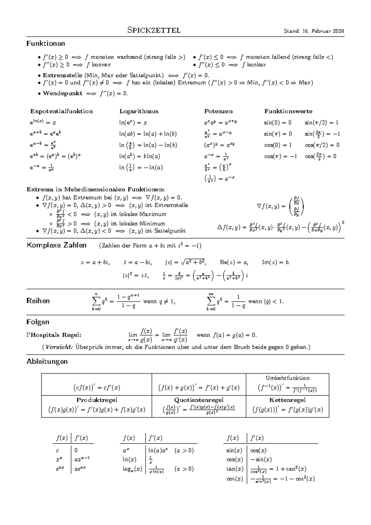 Spickzettel - Zusammenfassung Mathematik für Biologinnen und Biologen ...