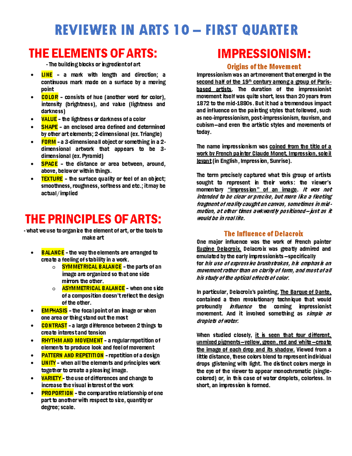 REVIEWER IN ARTS 10 FIRST QUARTER: Elements & Principles of Art - Studocu