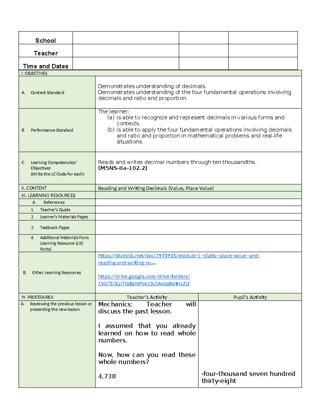 Detailed Lesson Plan for Math 5: Understanding Decimals and Place Value ...