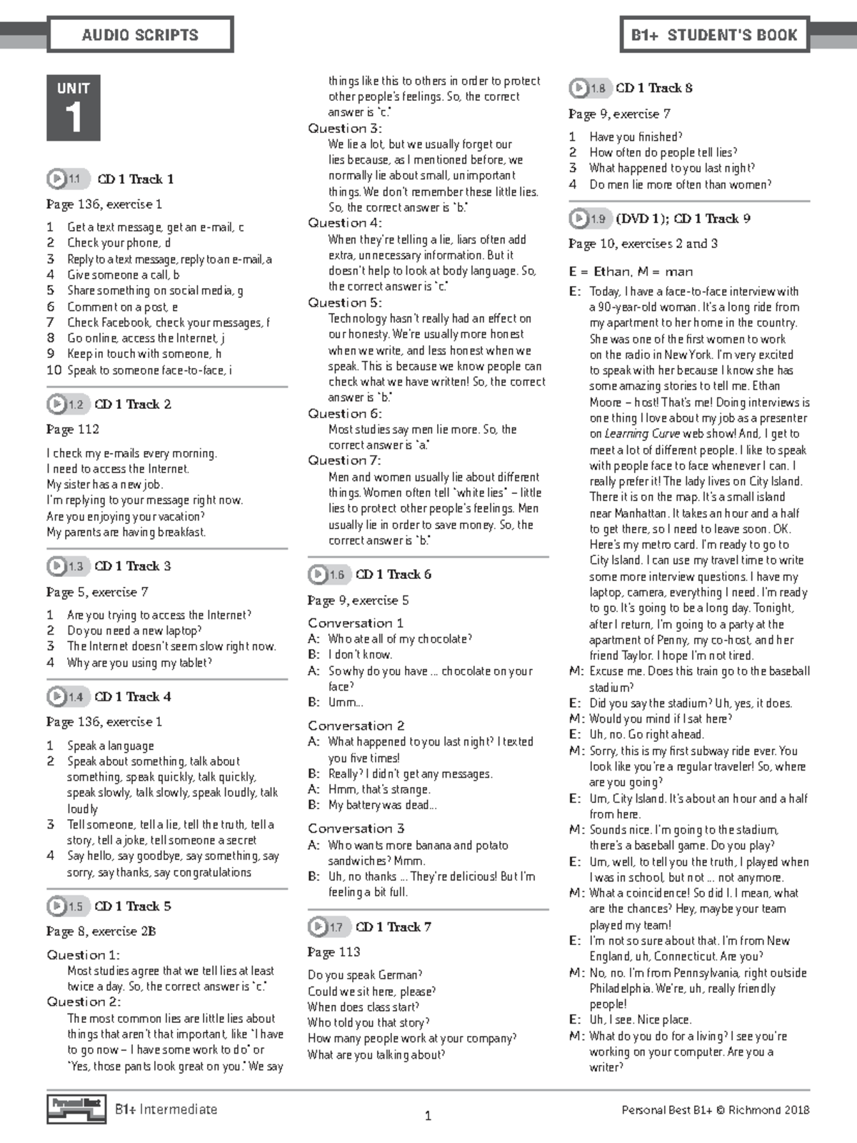 AUDIO SCRIPTS FOR PB AM E B1+ SB: UNITS 1-12 - Studocu