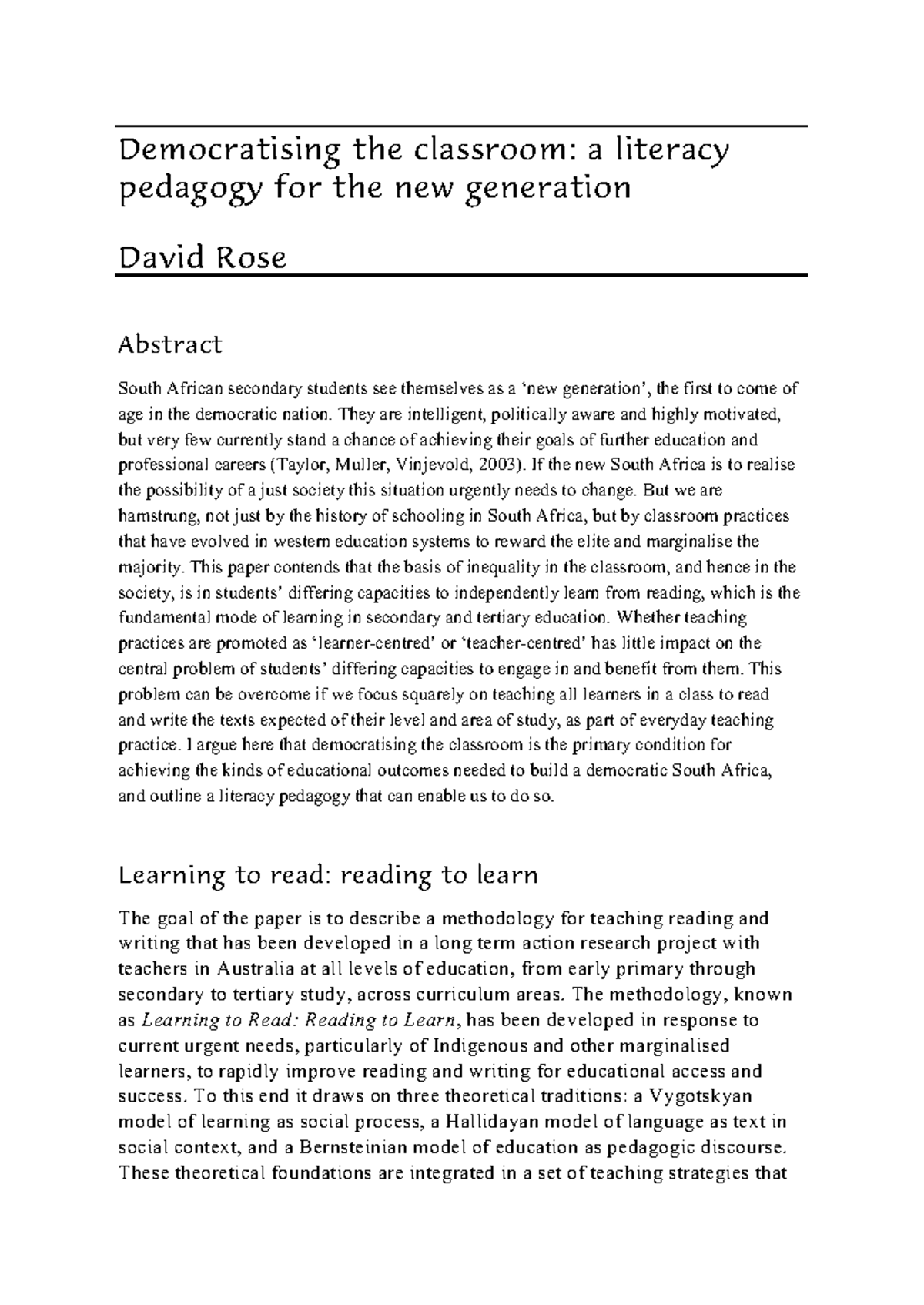 Democratising the Classroom: Literacy Pedagogy for a New Gen - Studocu