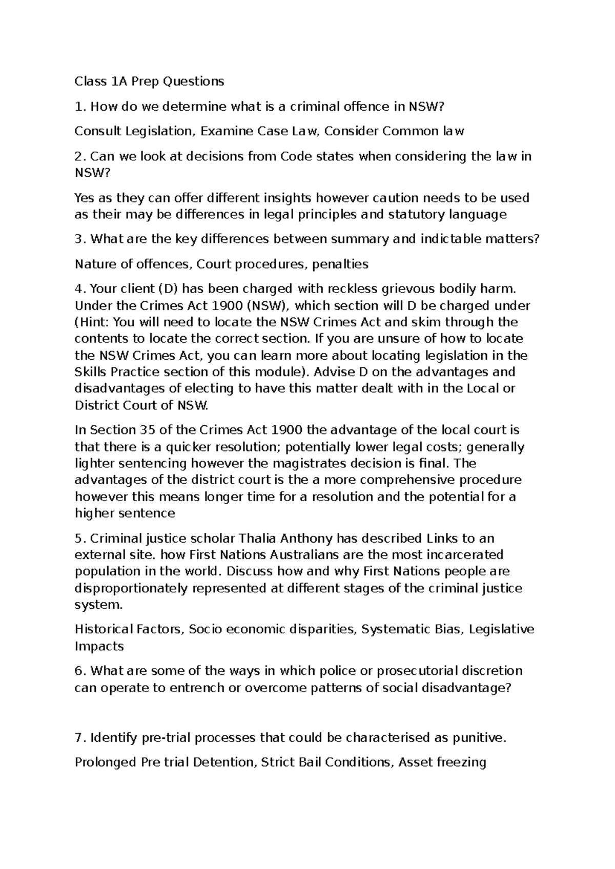Class 1A Criminal Law Prep Questions and Key Concepts - Studocu