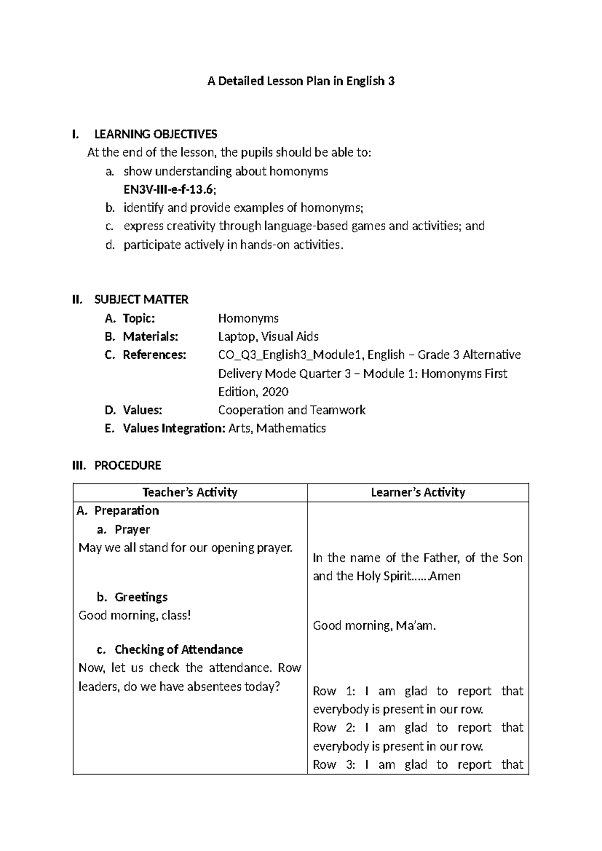 English 3 Detailed Lesson Plan: Understanding Homonyms - Studocu