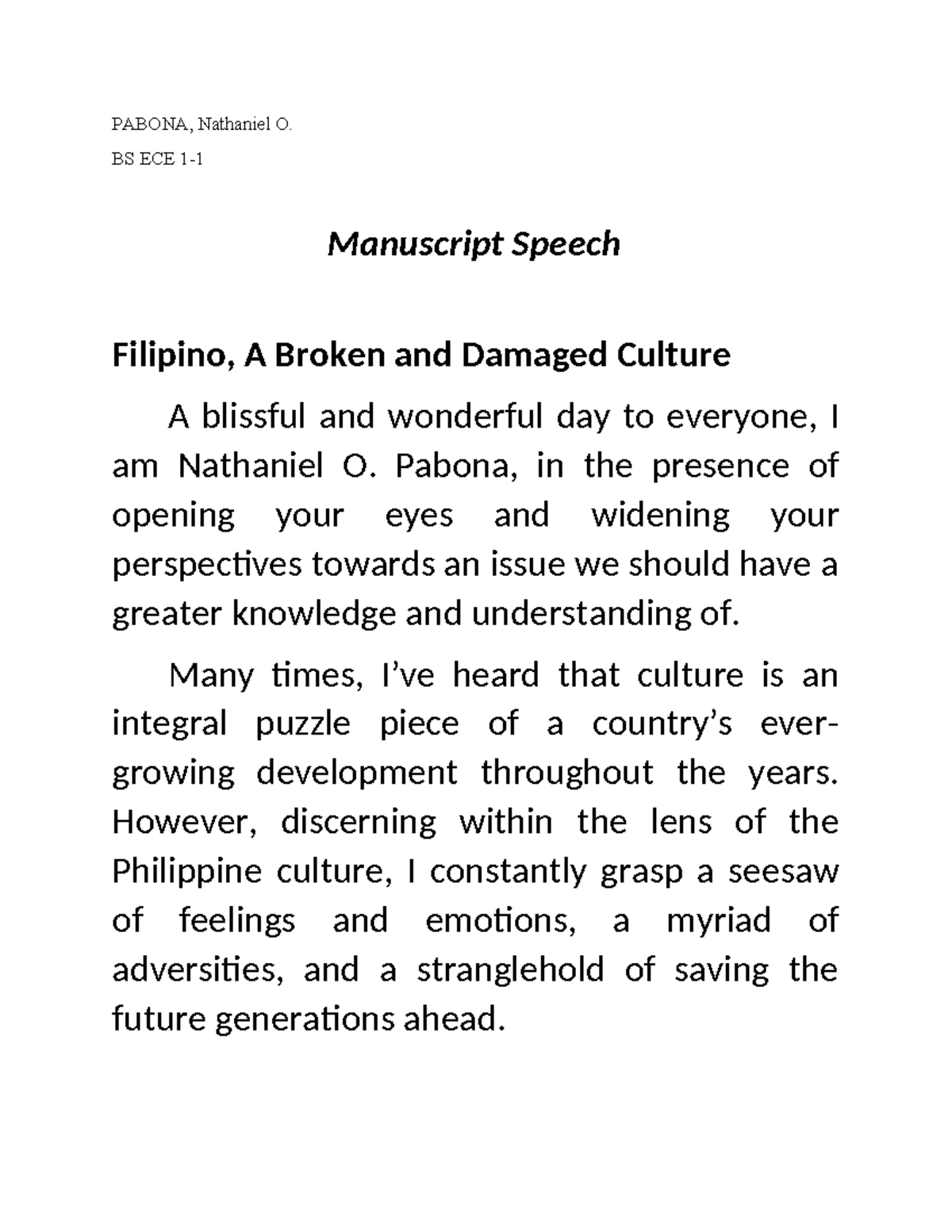 PABONA, Nathaniel O. BS ECE Manuscript Speech: Filipino Culture's ...