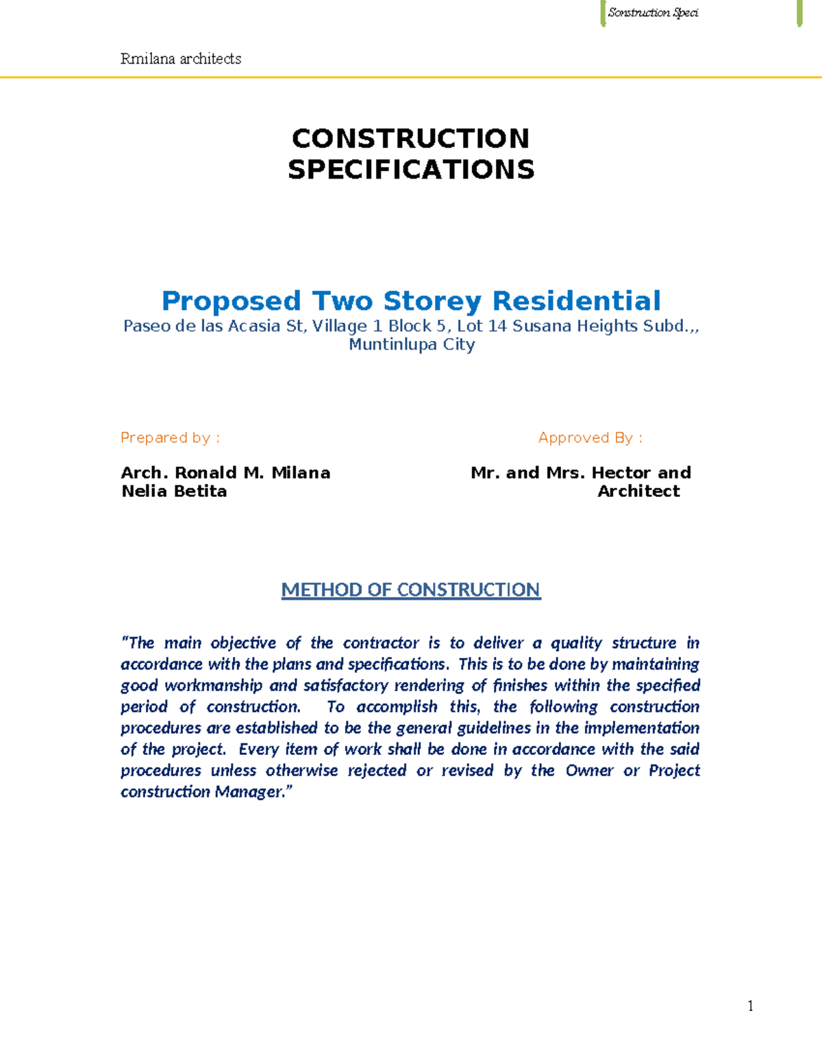 Construction Specifications for Two-Storey Residential Project (Betita ...