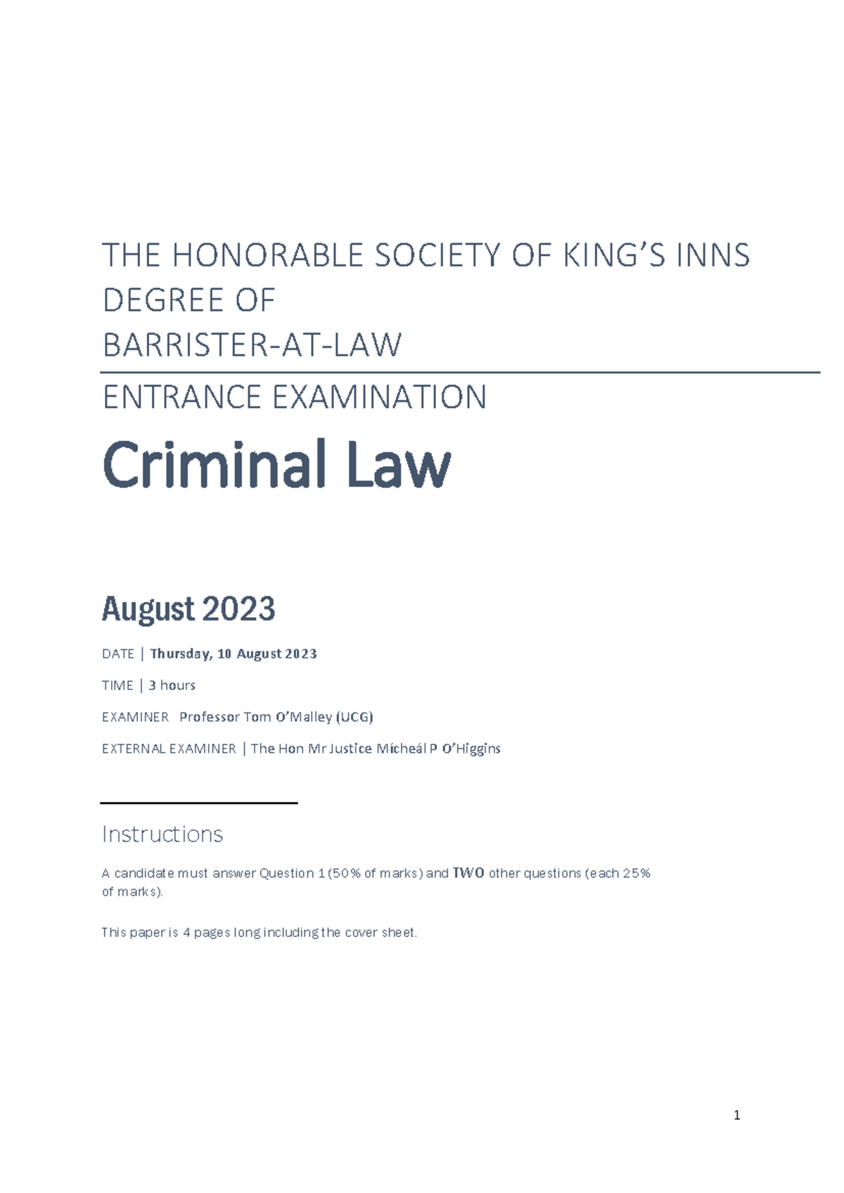 2023 Criminal Law Entrance Exam - Key Questions & Analysis - Studocu