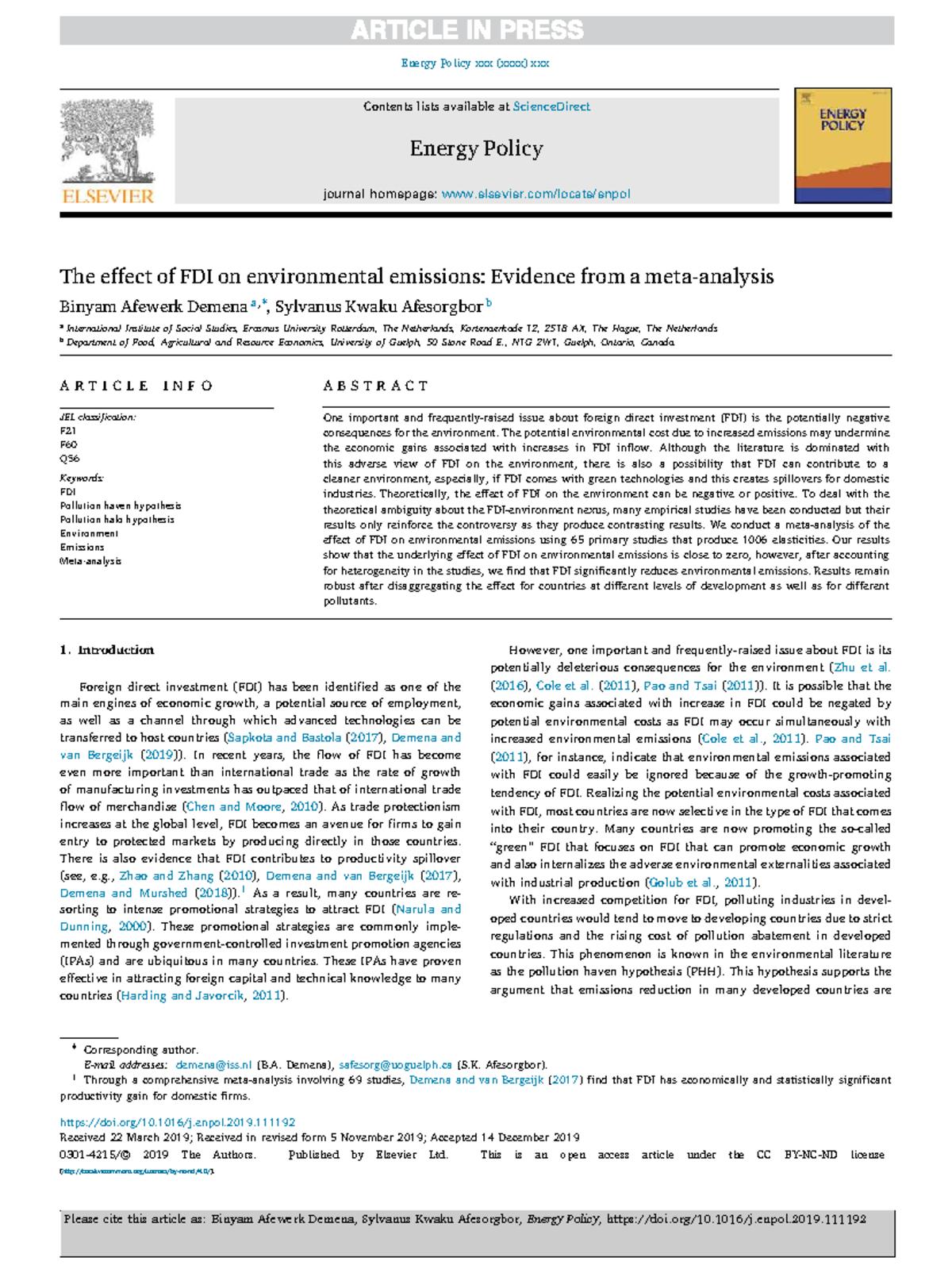 Energy Policy B.A. Demena and S.K. Afesorgbor: FDI and Environmental ...
