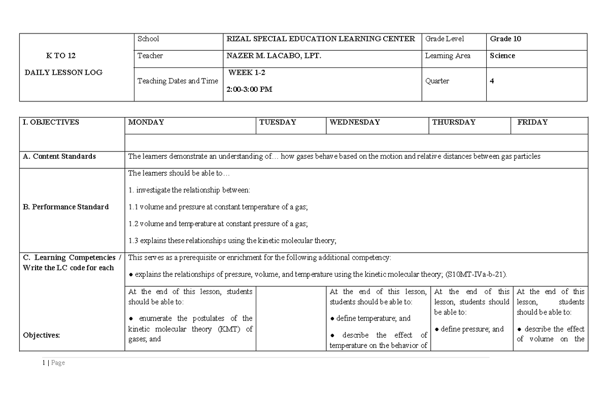 K TO 12 DAILY LESSON LOG: Science 10 Q4 - Understanding Gases and ...