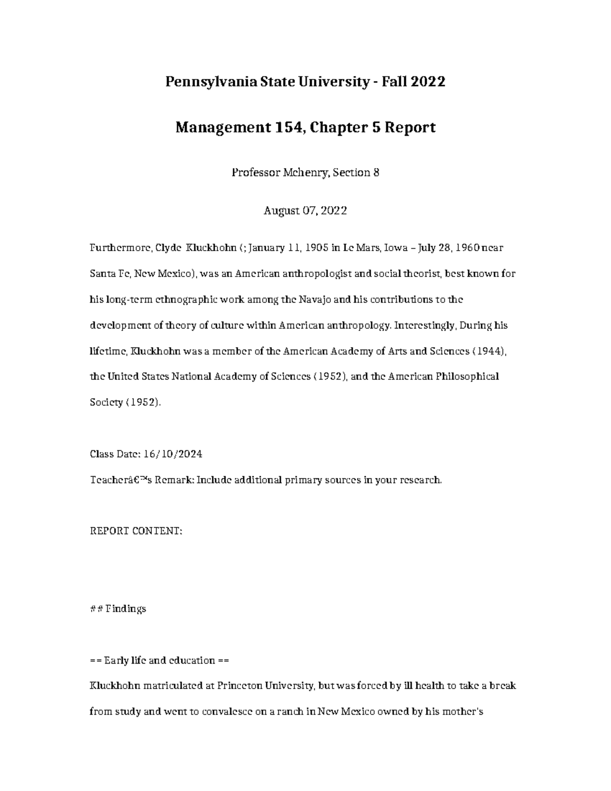 Management 154 Chapter 5 Report - Pennsylvania State University - Fall ...