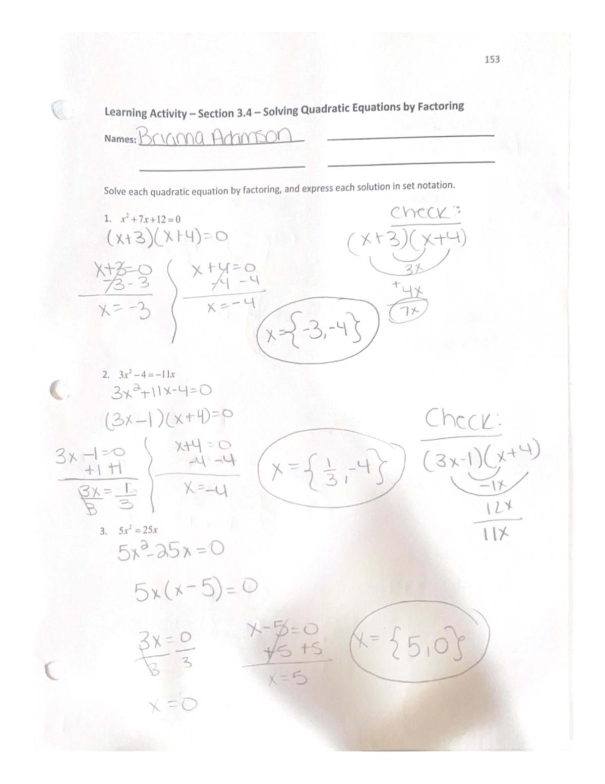 153 Learning Activity: Solving Quadratic Equations (Sections 3.4) - Studocu