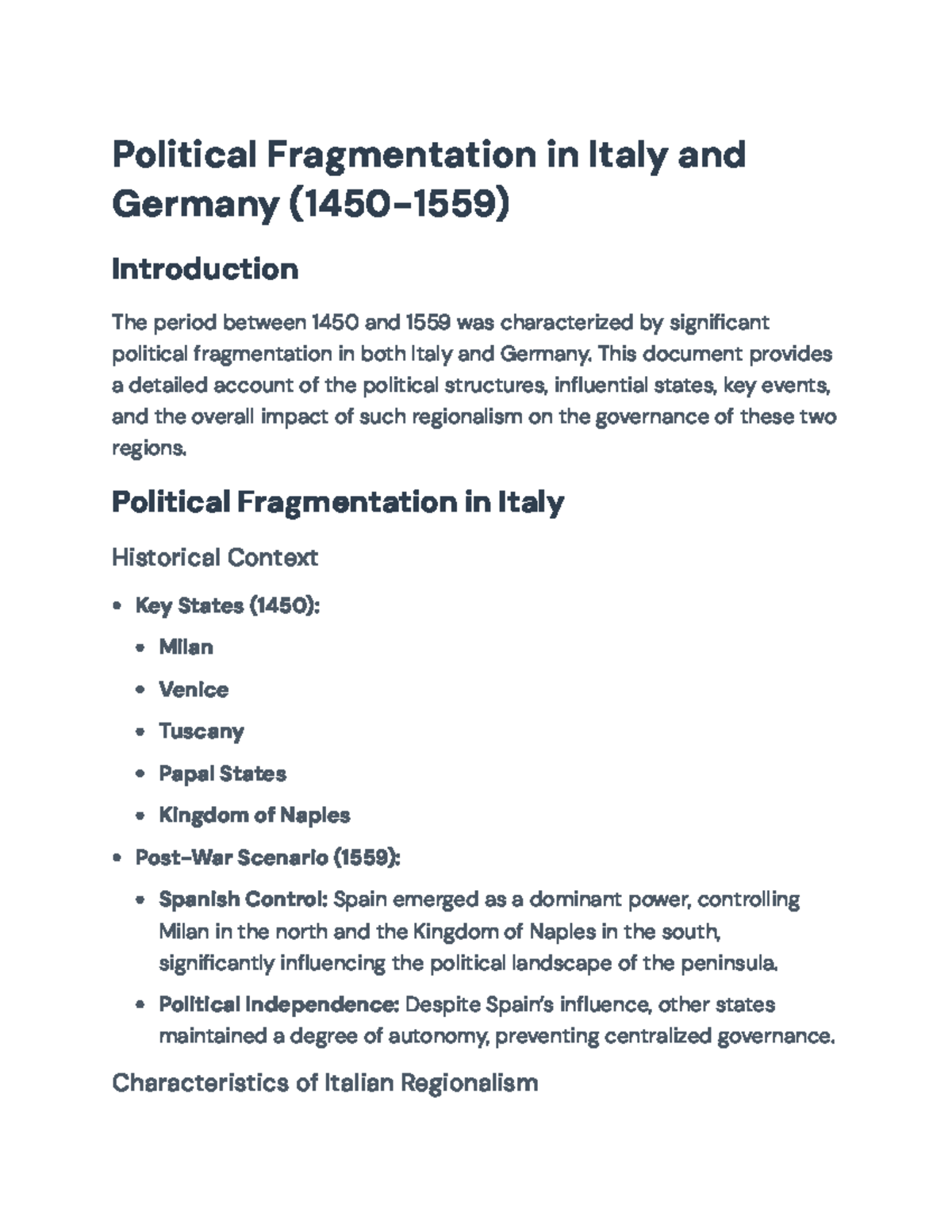 Political Fragmentation in Italy & Germany (1450-1559): Governance ...