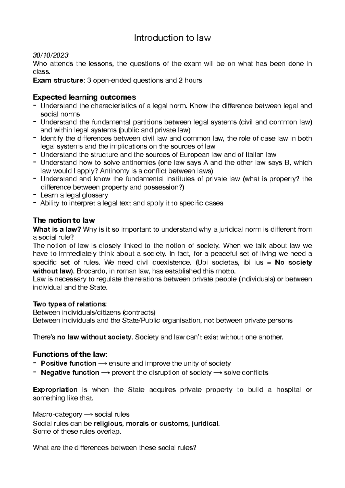 Introduction to Law (LAW101) - Comprehensive Lecture Notes and Exam ...