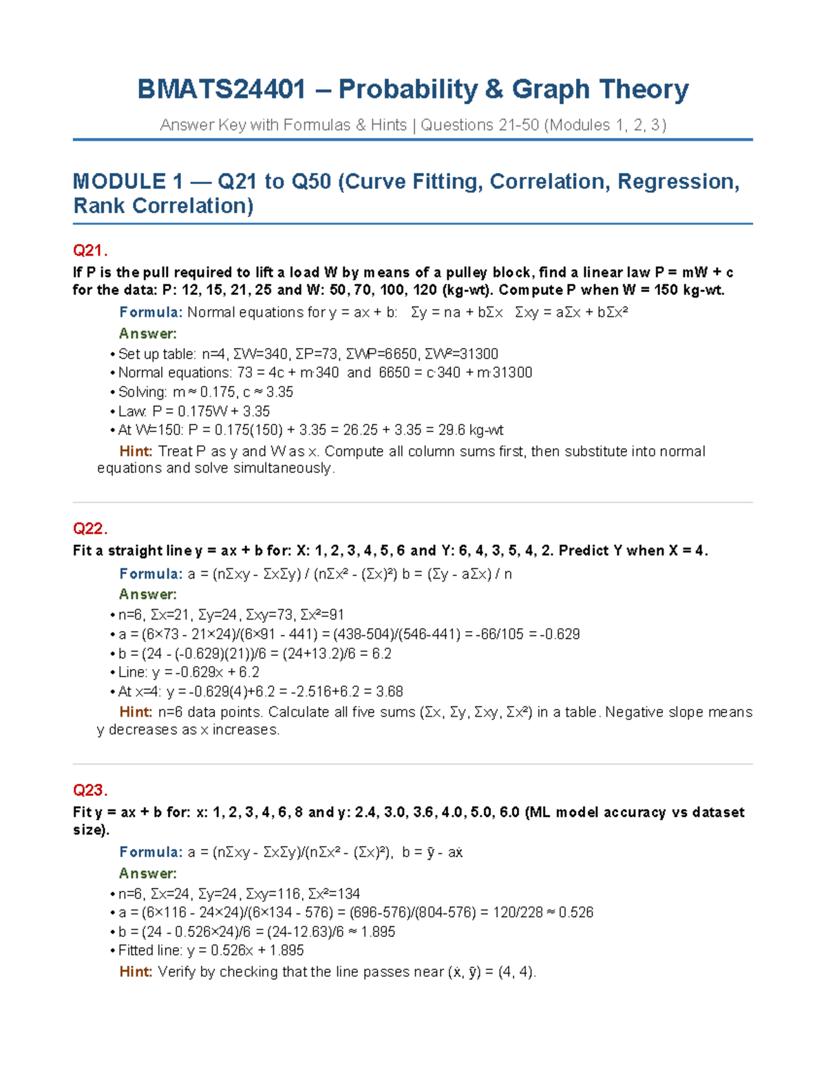 BMATS24401 Probability Graph Theory Answer Key (Modules 1-3) - Studocu