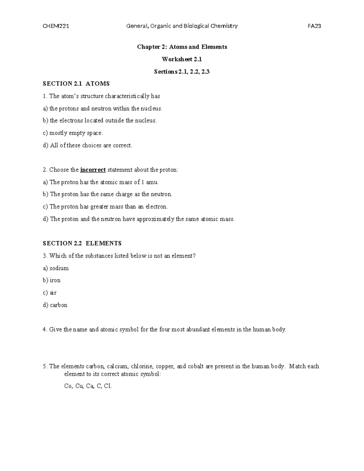 CHEM221 Final Exam: CH2 - Atoms and Elements Worksheet FA23 - Studocu