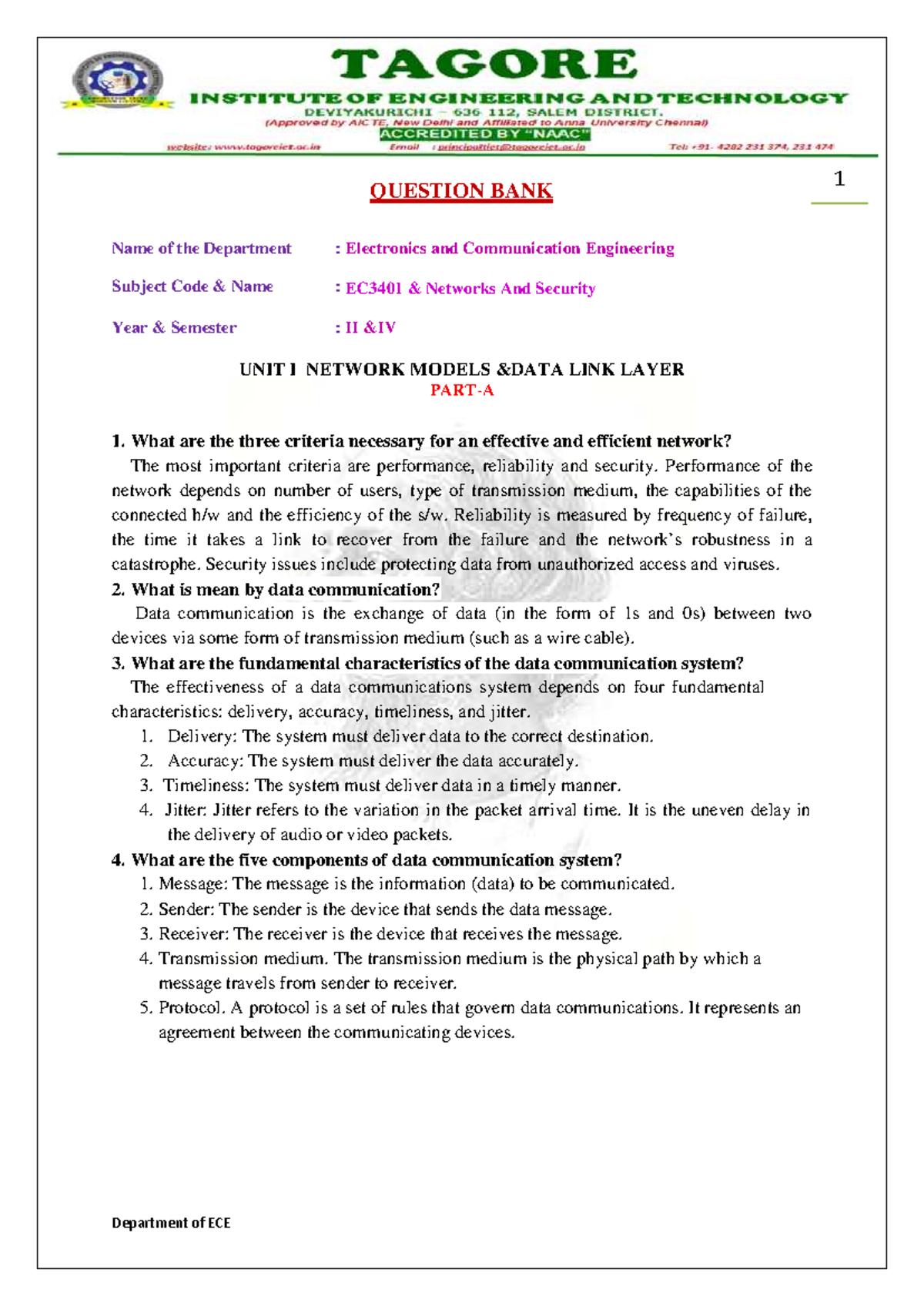 EC3401 Networks & Security - Comprehensive Question Bank - Studocu
