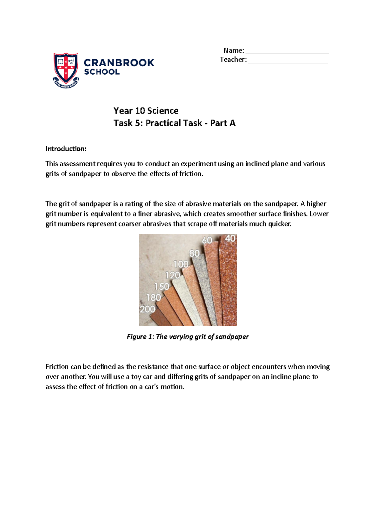 10 Sci Task 5: Practical Experiment on Friction and Sandpaper Grit ...