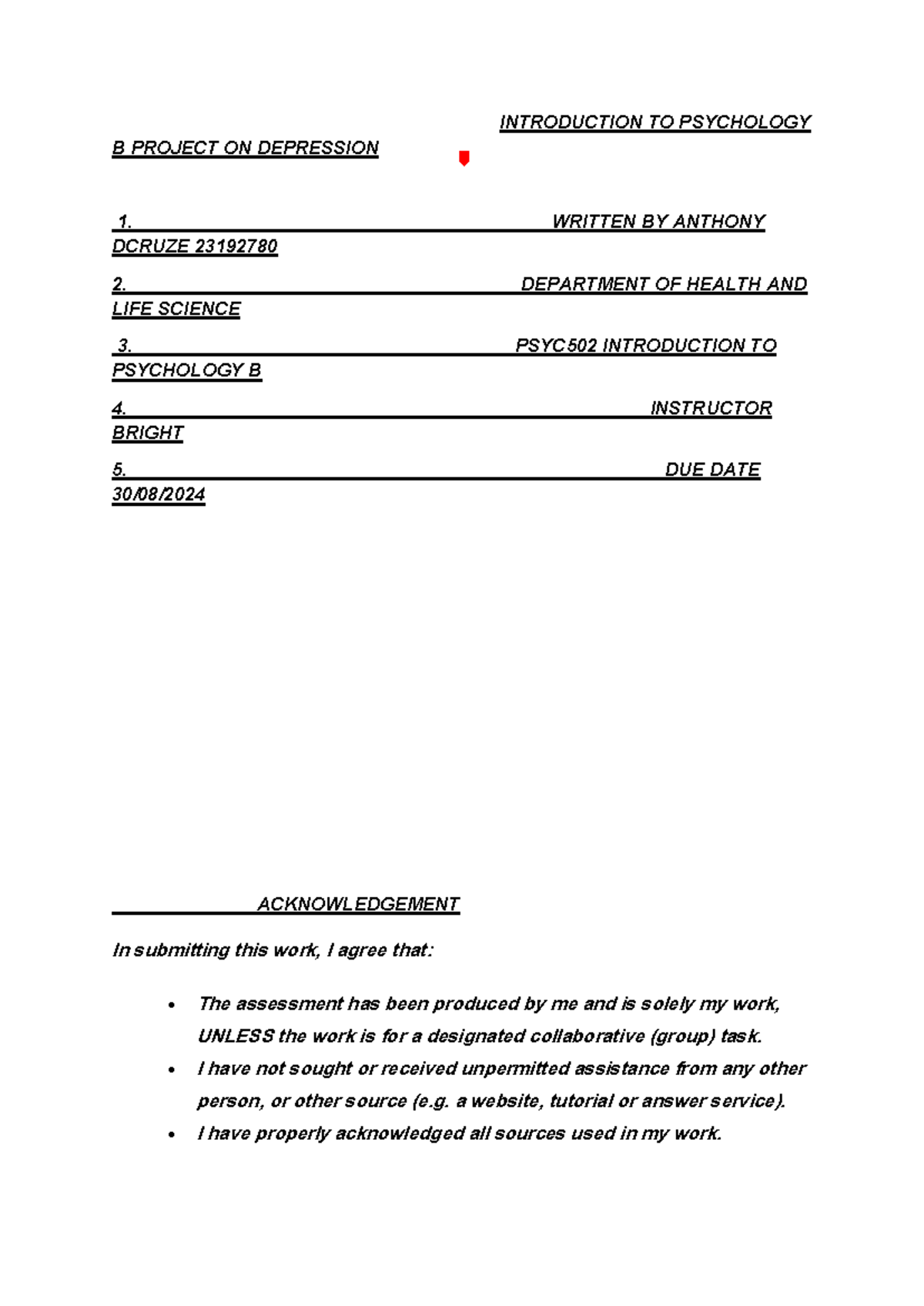 PSYC502 Final Assignment: Understanding Depression and Treatment - Studocu