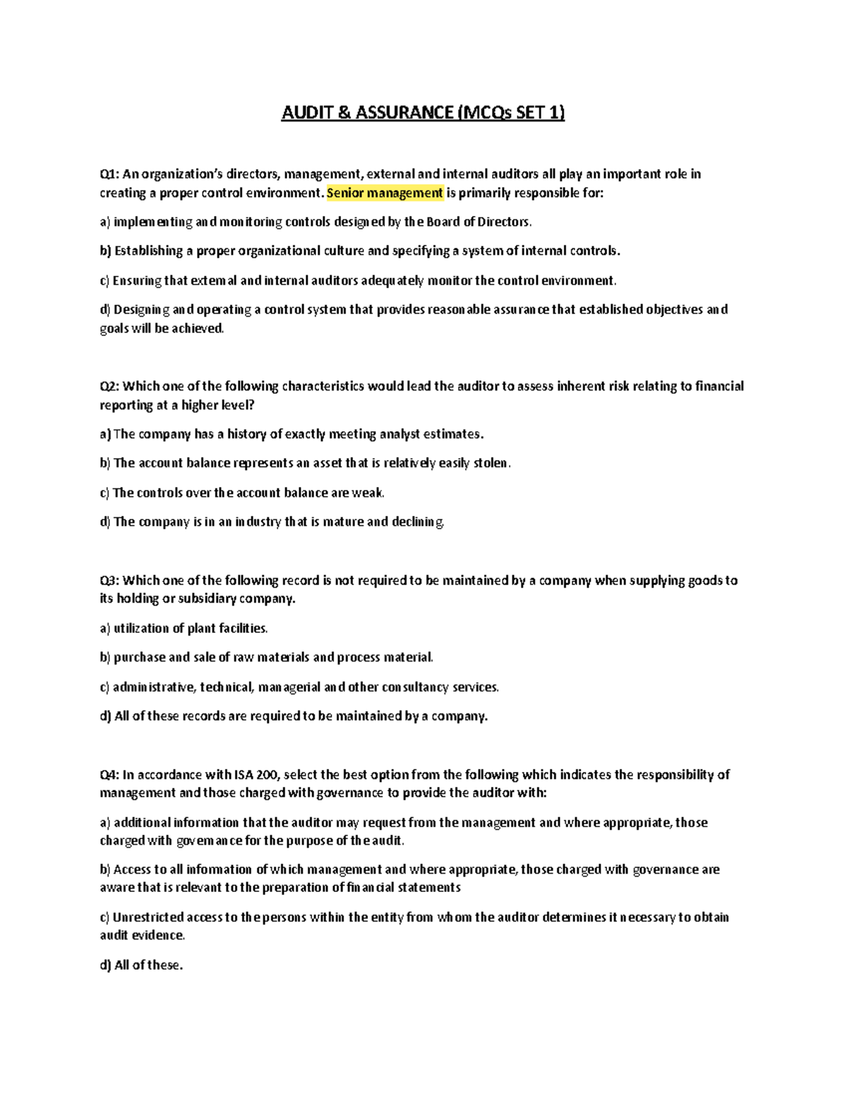 AUDIT ASSURANCE (AUD 101) MCQs SET 1: Key Concepts and Questions - Studocu