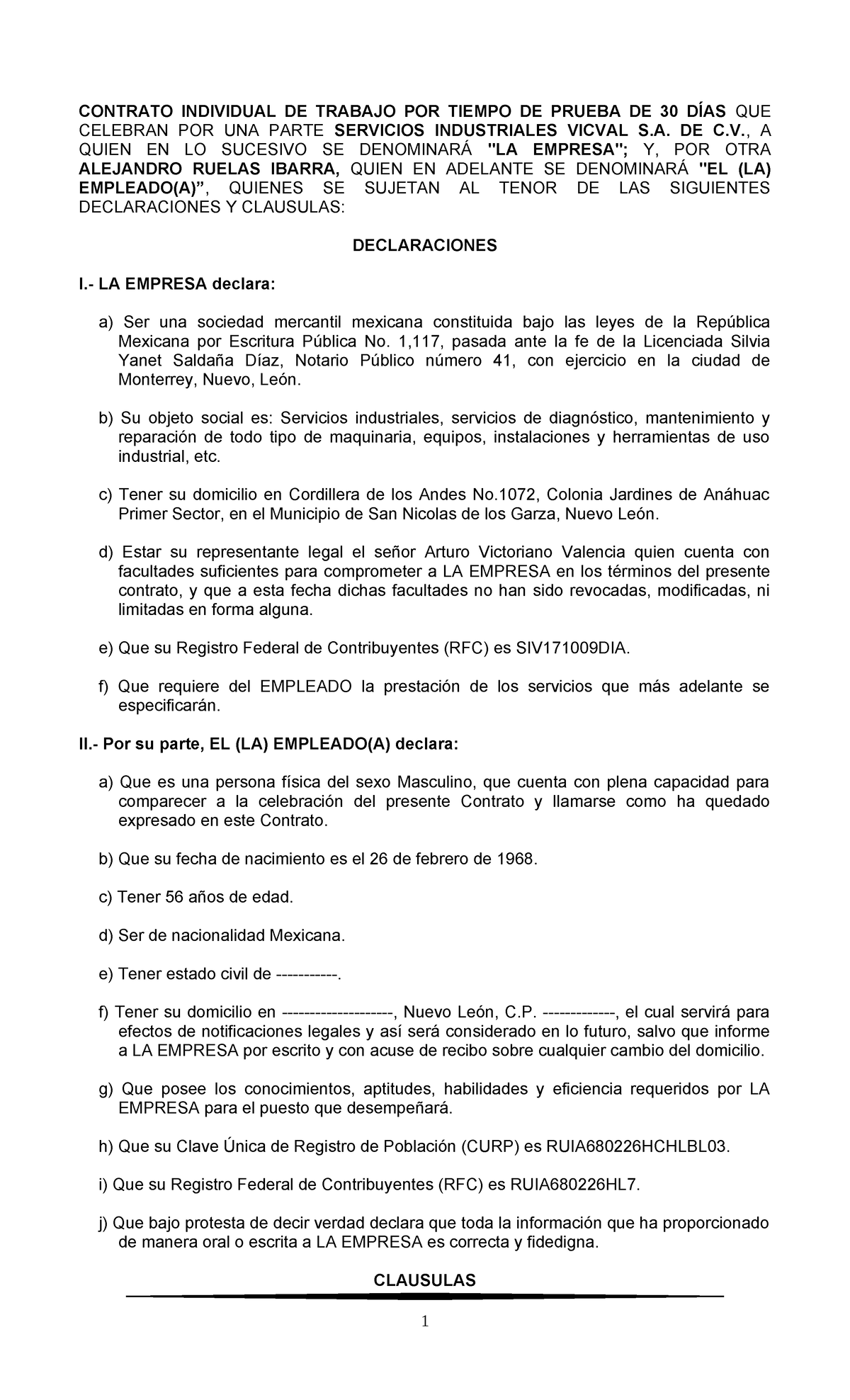 Machote Contrato Individual de Trabajo a 30 Días - VICVAL S.A. - Studocu
