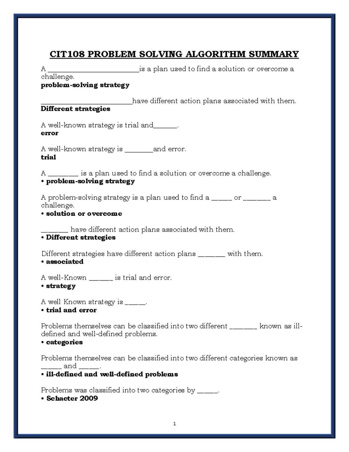 CIT108 Problem Solving Algorithms: Key Strategies and Concepts - Studocu