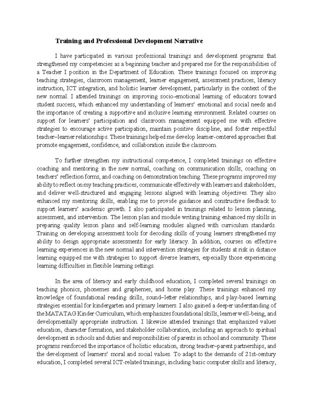 Training & Professional Development Summary for Teacher I (EDU 101 ...