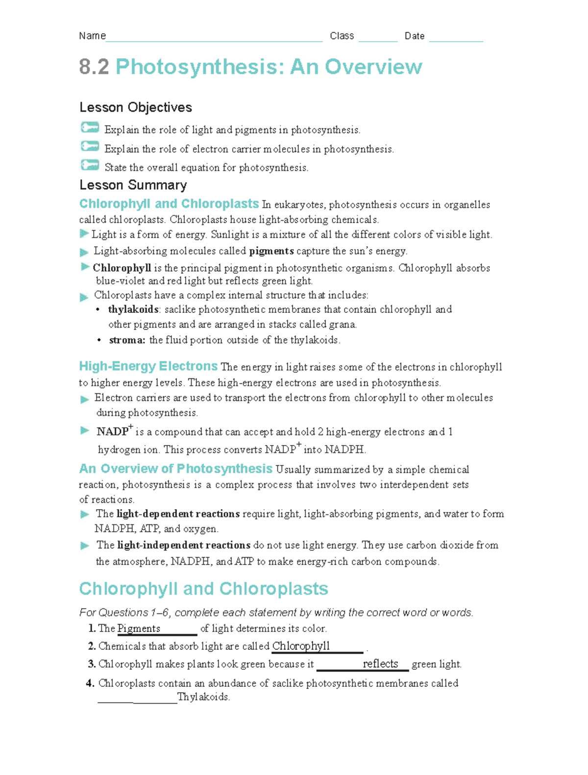 Module+4+Study+Guide+8.2 copy copy - Name Class Date 8 Photosynthesis ...