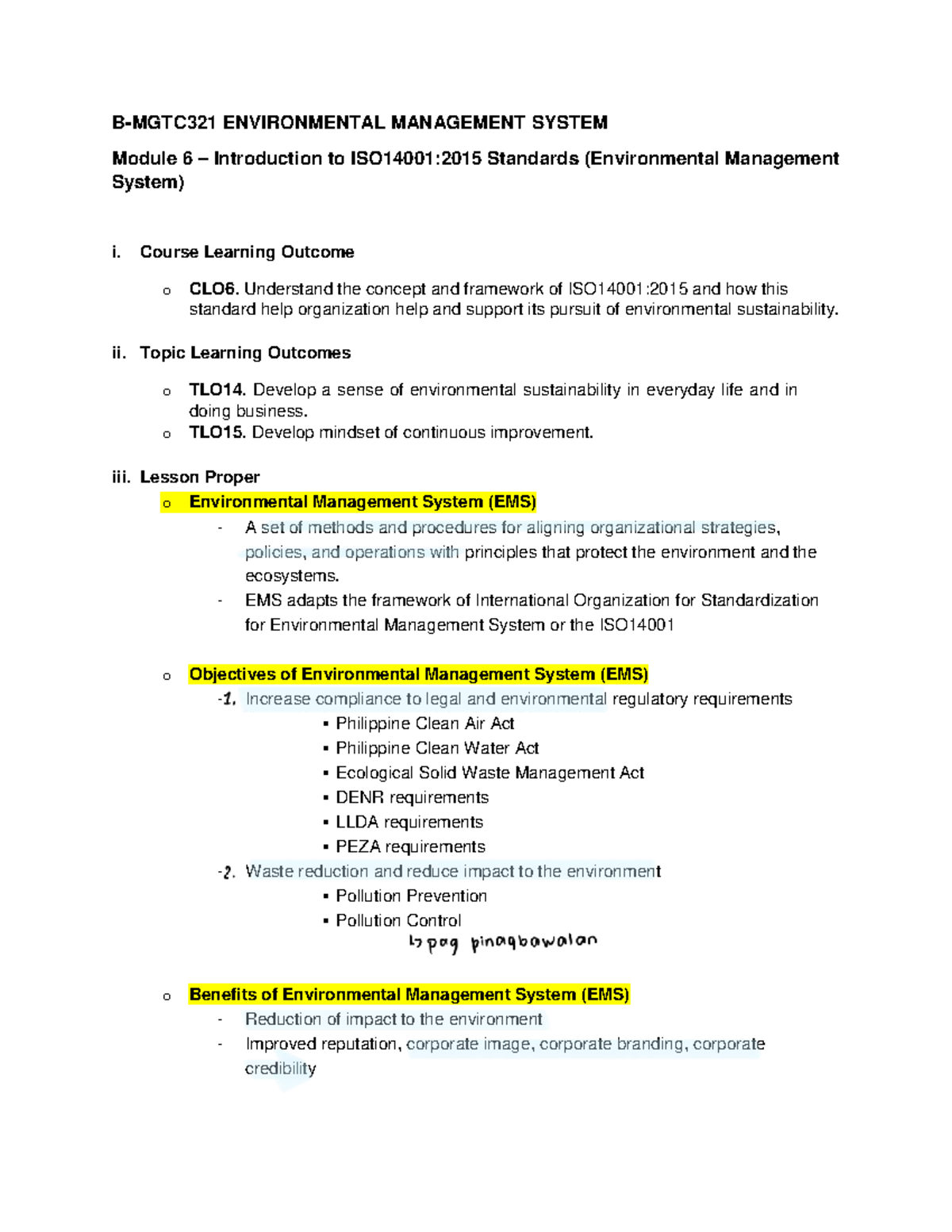 Module 6 Lesson: Introduction to ISO 14001:2015 Standards in EMS - Studocu