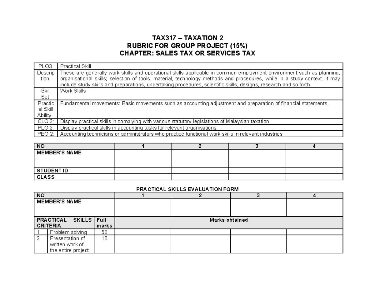 TAX317 Group Project Rubric: Sales Tax vs. Services Tax Evaluation ...